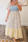 Floral Stripe Colorblock Square Neck Shirred Dress