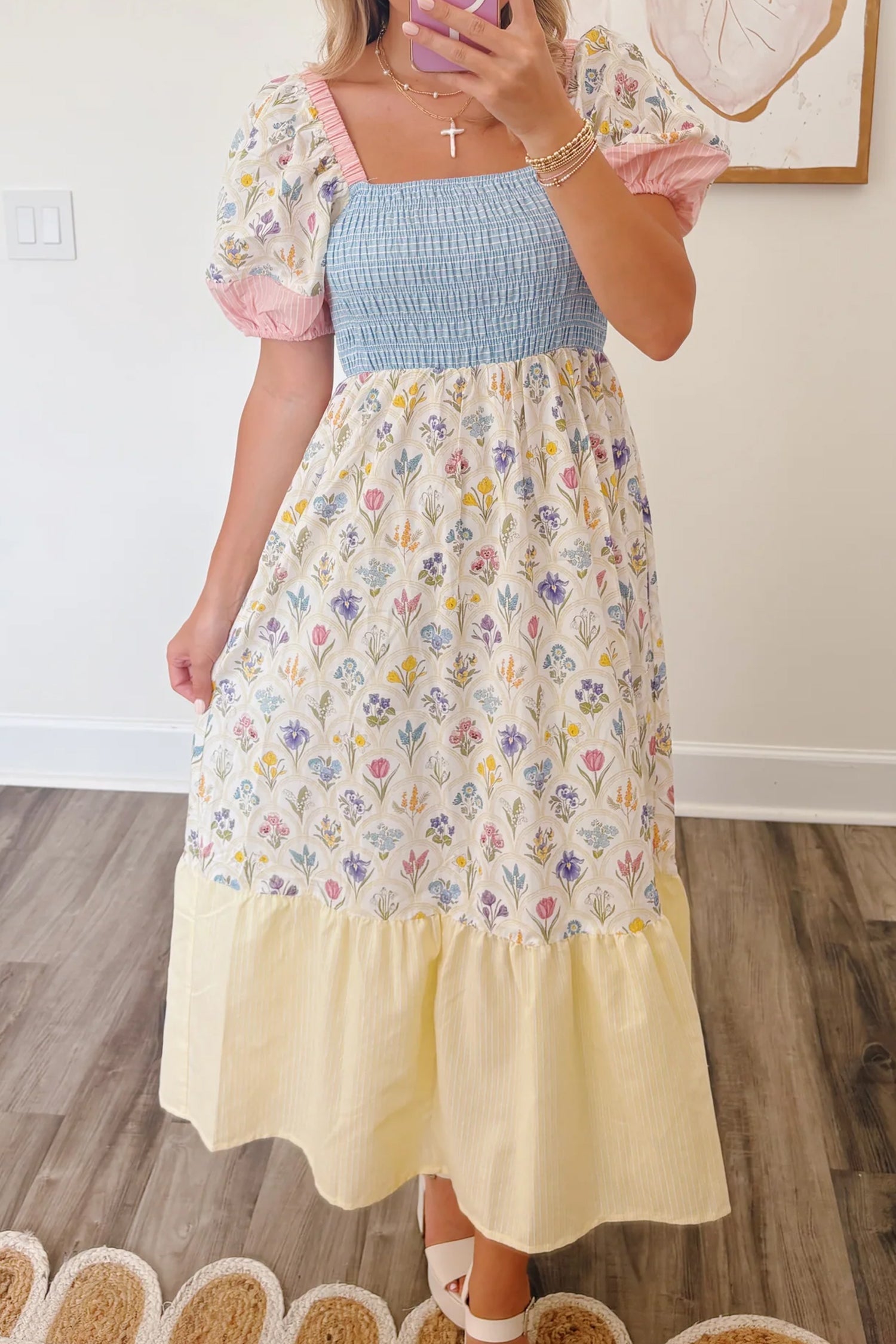 Floral Stripe Colorblock Square Neck Shirred Dress