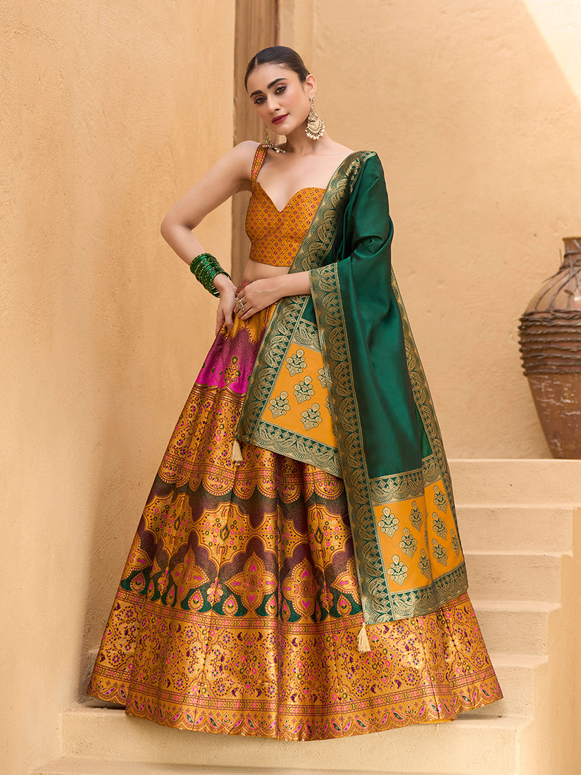 Yellow Kanjivaram Silk Lehenga Choli with Zari Embellishments