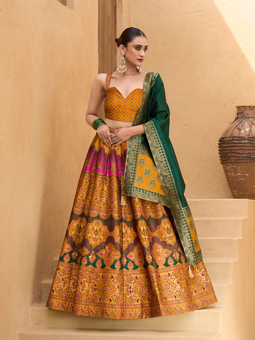 Elegant yellow Kanjivaram silk lehenga choli with intricate zari and jacquard woven detailing