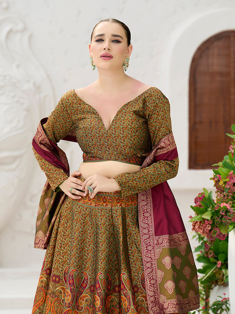 Olive Kanjivaram Jacquard Lehenga Choli for Ceremonies