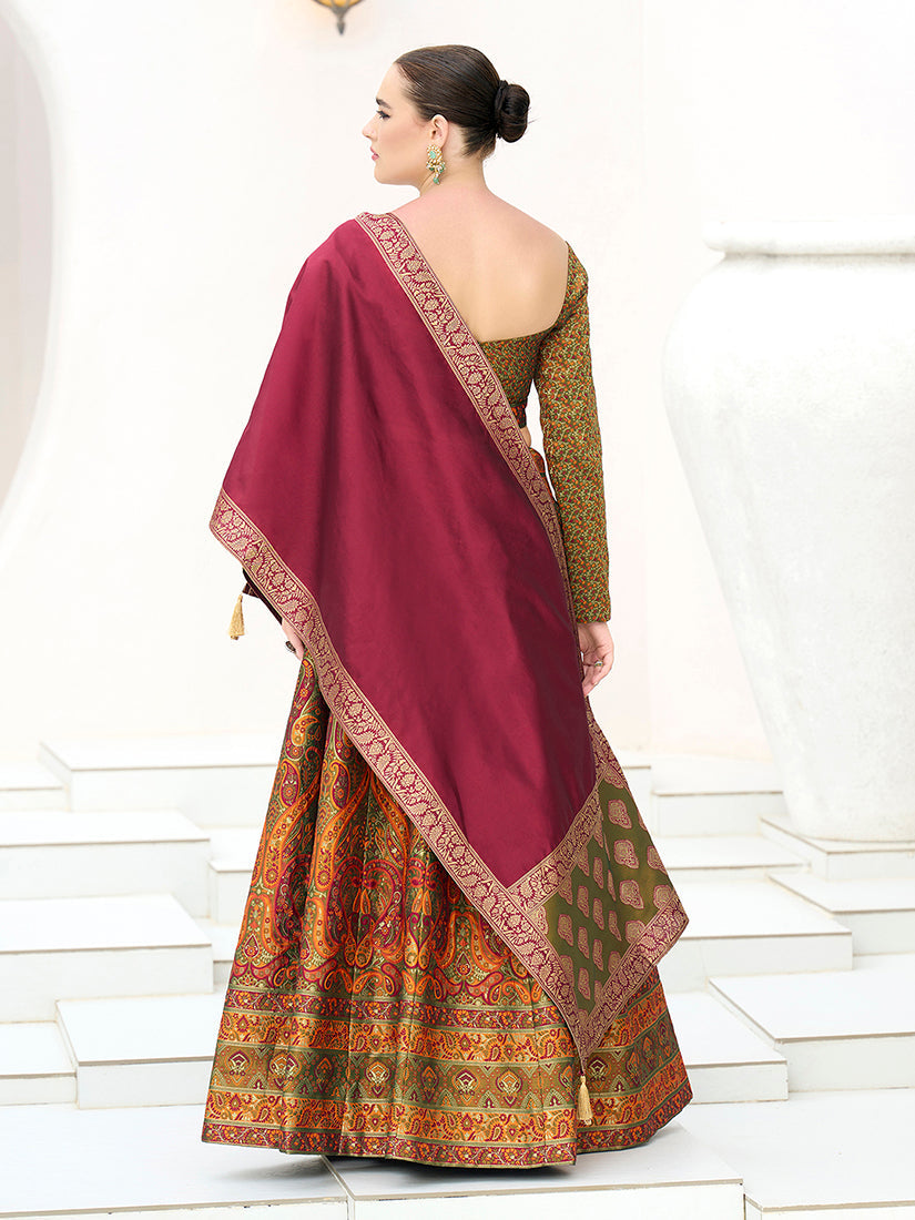 Olive Kanjivaram Jacquard Lehenga Choli for Ceremonies