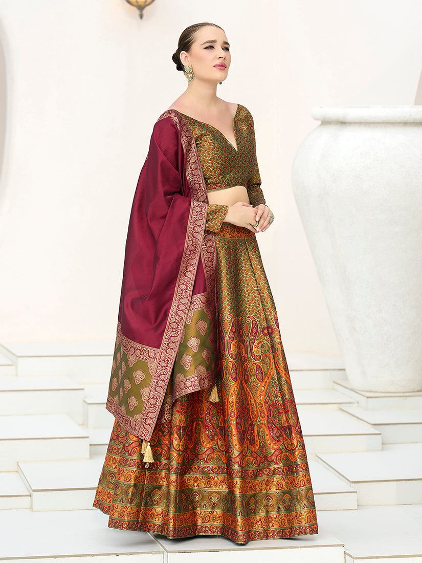 Olive Kanjivaram Jacquard Lehenga Choli for Ceremonies