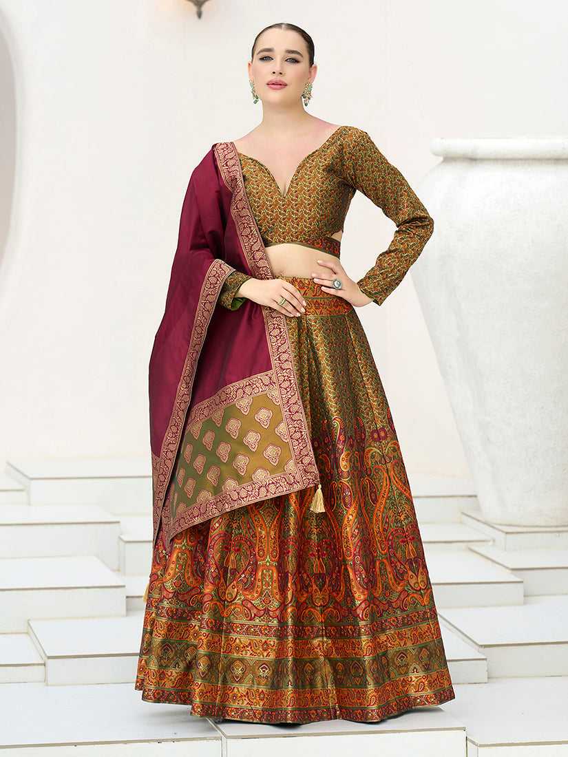 Elegant Olive Kanjivaram Jacquard Lehenga Choli with intricate patterns for ceremonial wear.