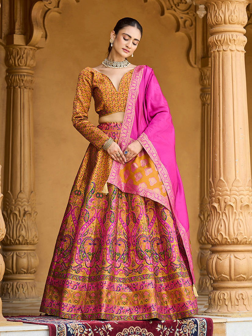 Yellow Kanjivaram Jacquard Designer Lehenga Choli with intricate zari woven patterns