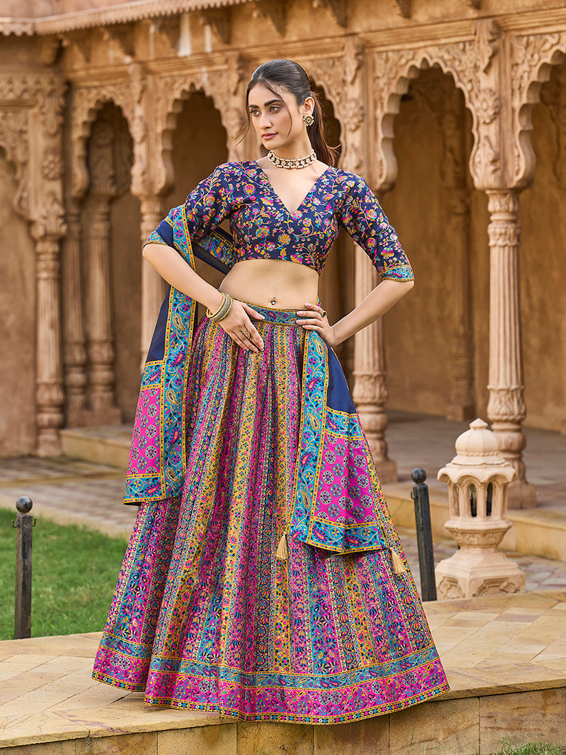 Navy blue jacquard lehenga choli with dupatta for festive occasions