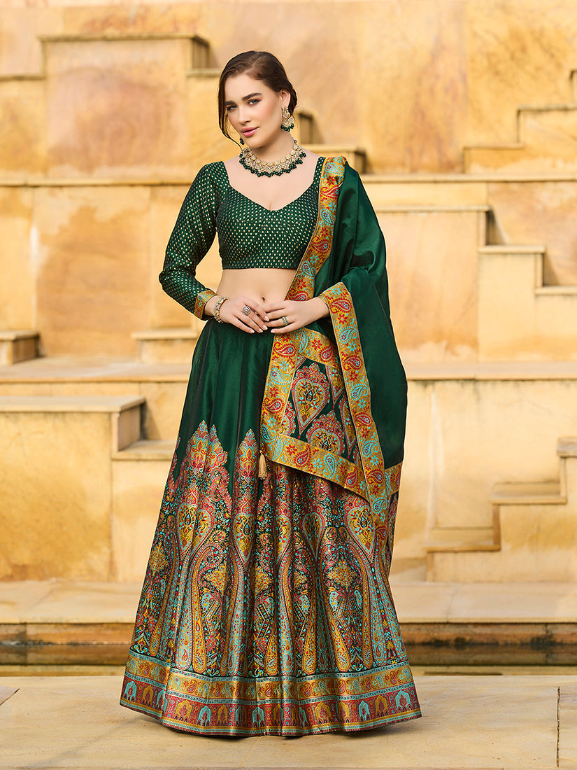 Dark Green jacquard lehenga choli with zari embroidery for festive ceremonies