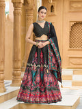 Black Jacquard lehenga choli with zari embellishments and matching dupatta.