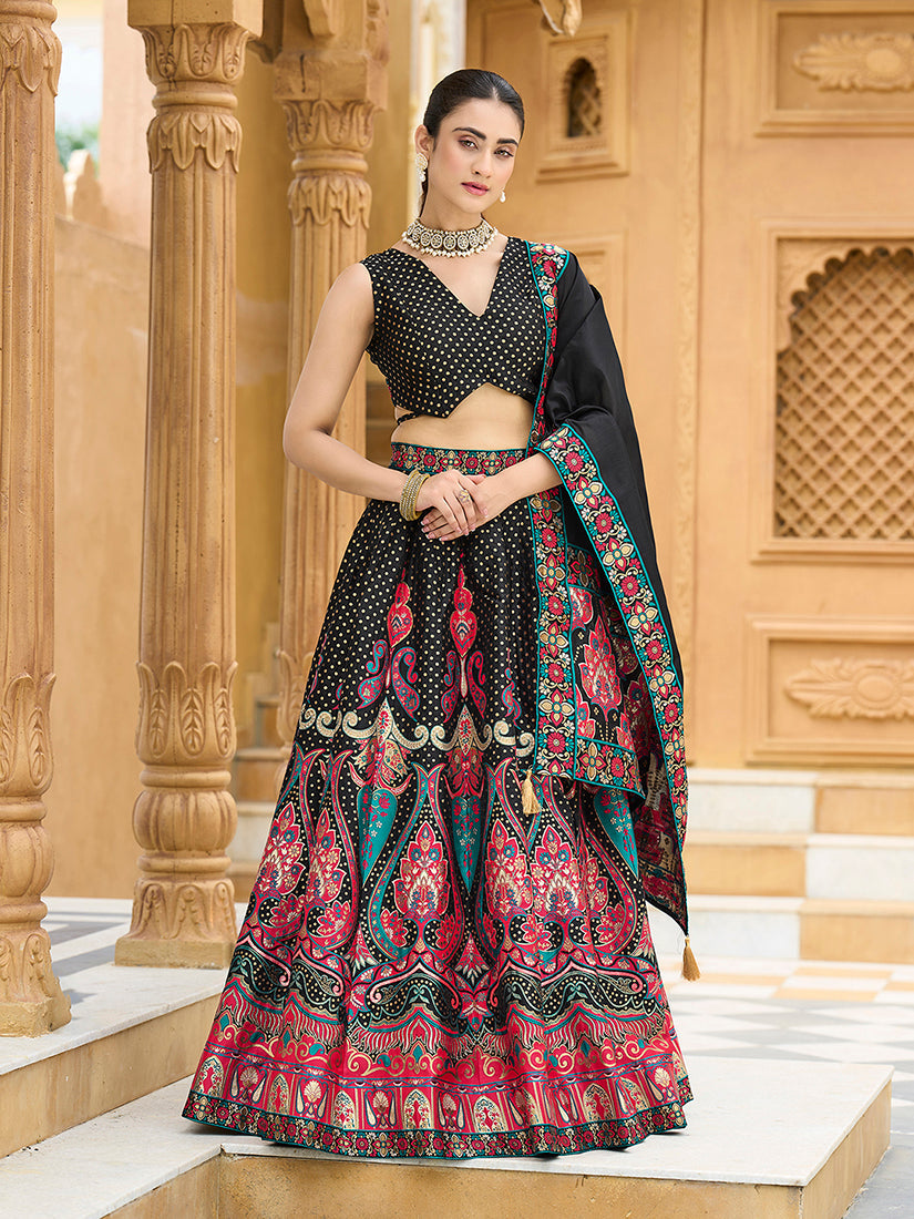 Black Jacquard lehenga choli with zari embellishments and matching dupatta.