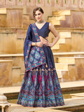 Navy blue jacquard lehenga choli with ornate zari embellishment and matching dupatta