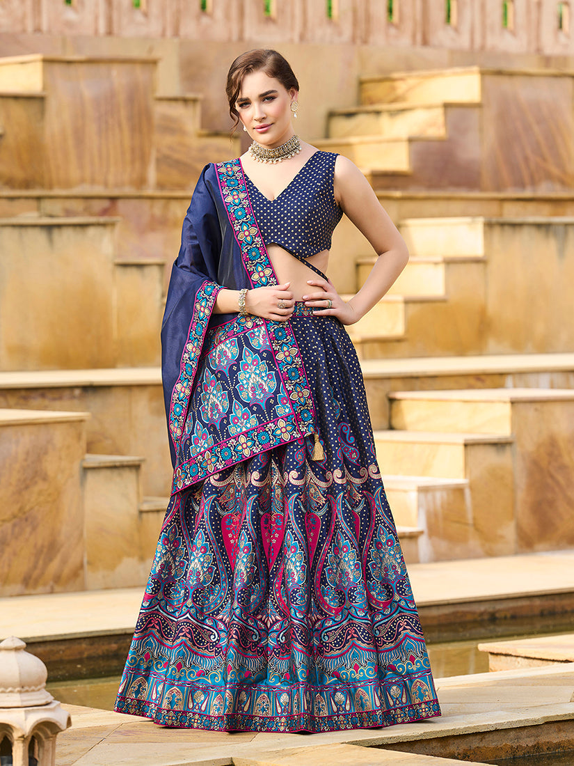 Navy blue jacquard lehenga choli with ornate zari embellishment and matching dupatta