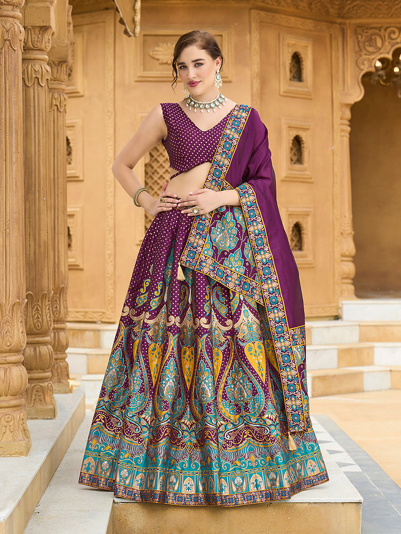 Wine color jacquard lehenga choli with zari embroidery and matching dupatta