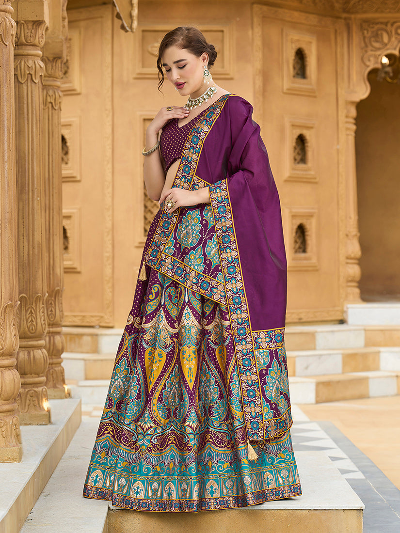 Charming Wine Jacquard Lehenga Choli with Dupatta Set