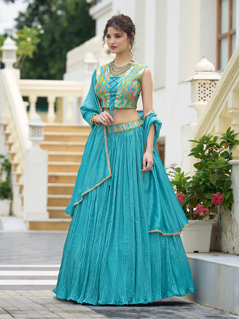 Monjolika Fashion Designer Lehenga Choli Crush Silk In Sky Blue