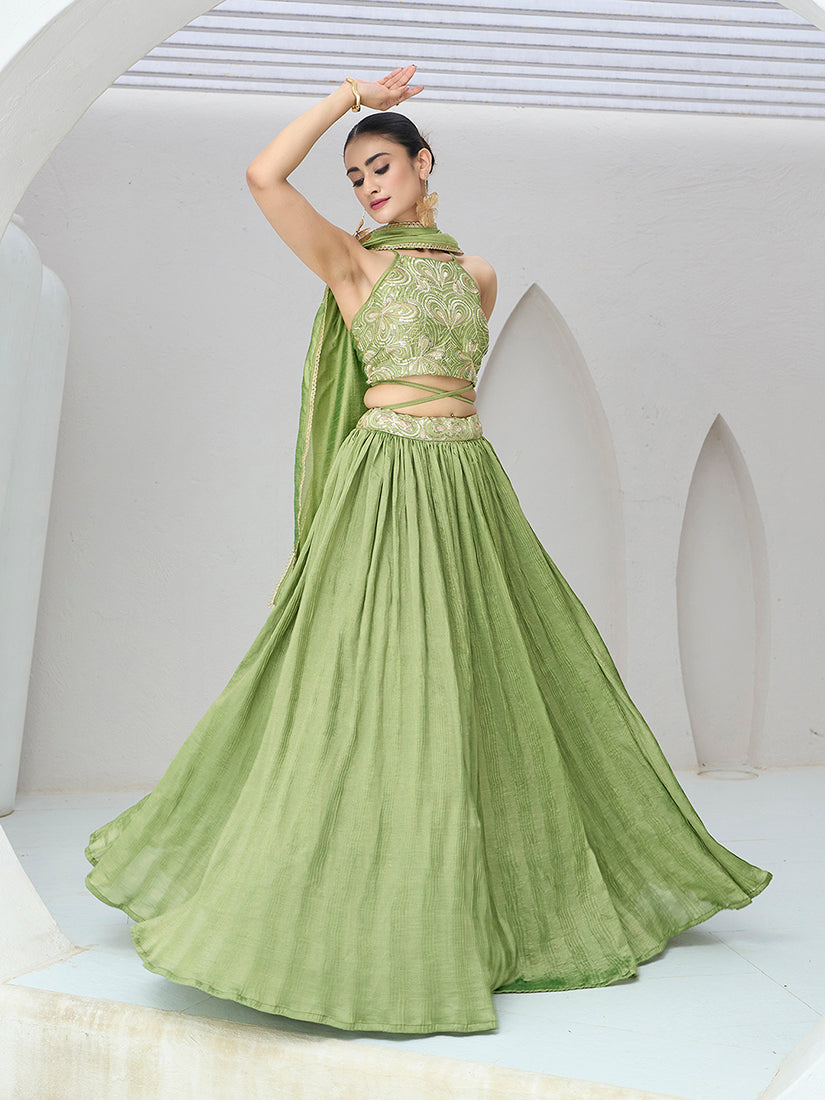Light Green Silk Crush Lehenga Choli with pleated silhouette