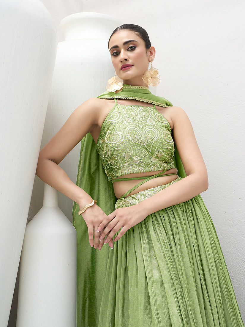 Light Green Silk Crush Lehenga Choli for Festive Occasions