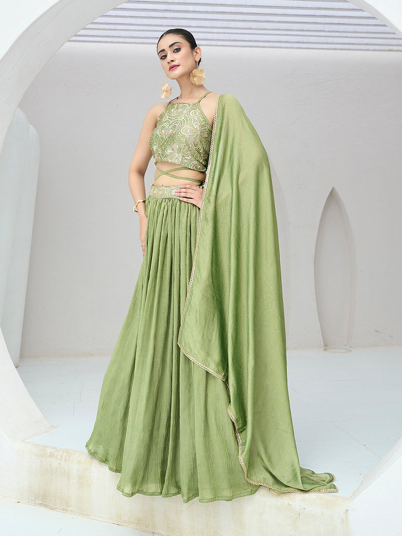 Light Green Silk Crush Lehenga Choli for Festive Occasions