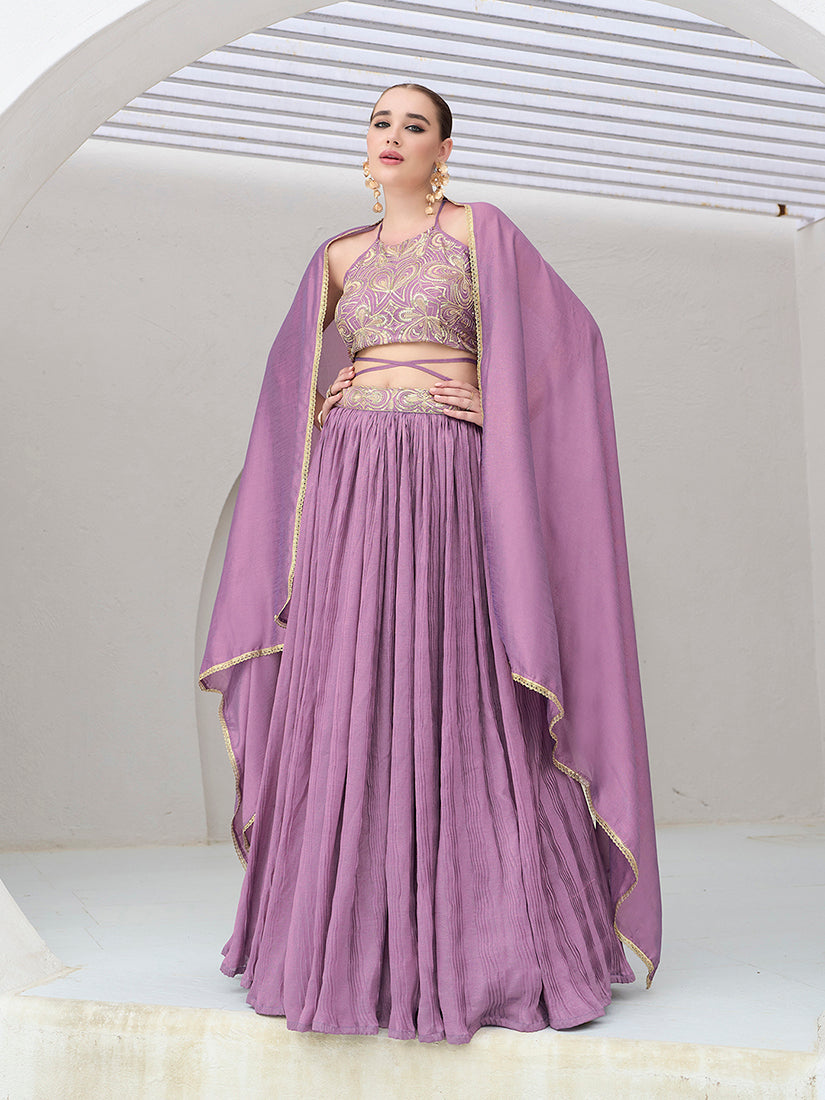Lavender silk crush lehenga choli with pleated silhouette and elegant shine