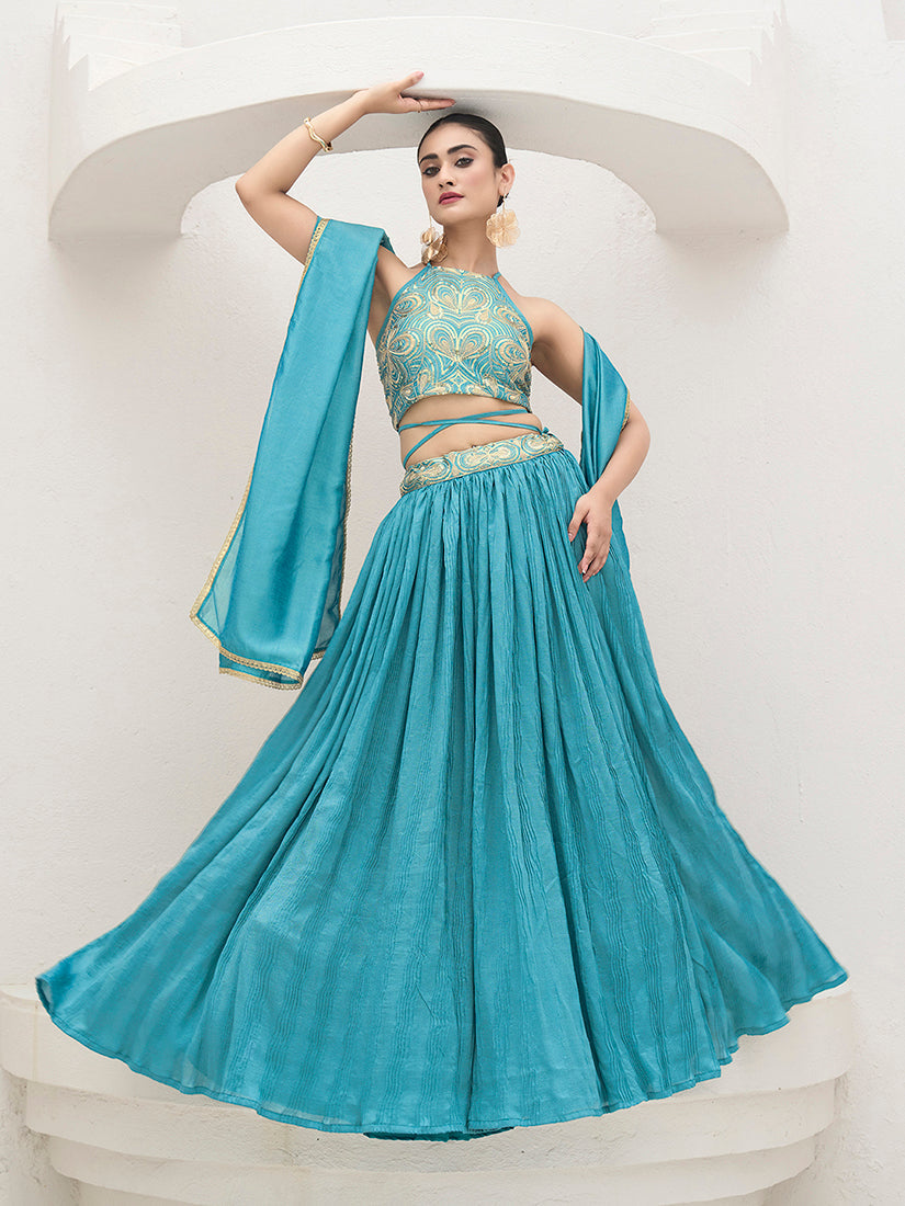 Sky Blue Silk Crush Lehenga Choli with Pleated Silhouette