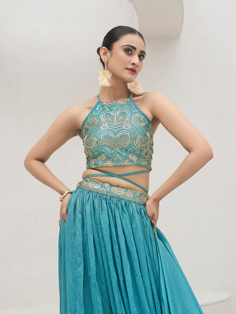 Sky Blue Silk Crush Lehenga Choli with Pleated Silhouette