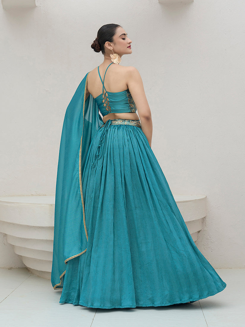 Sky Blue Silk Crush Lehenga Choli with Pleated Silhouette