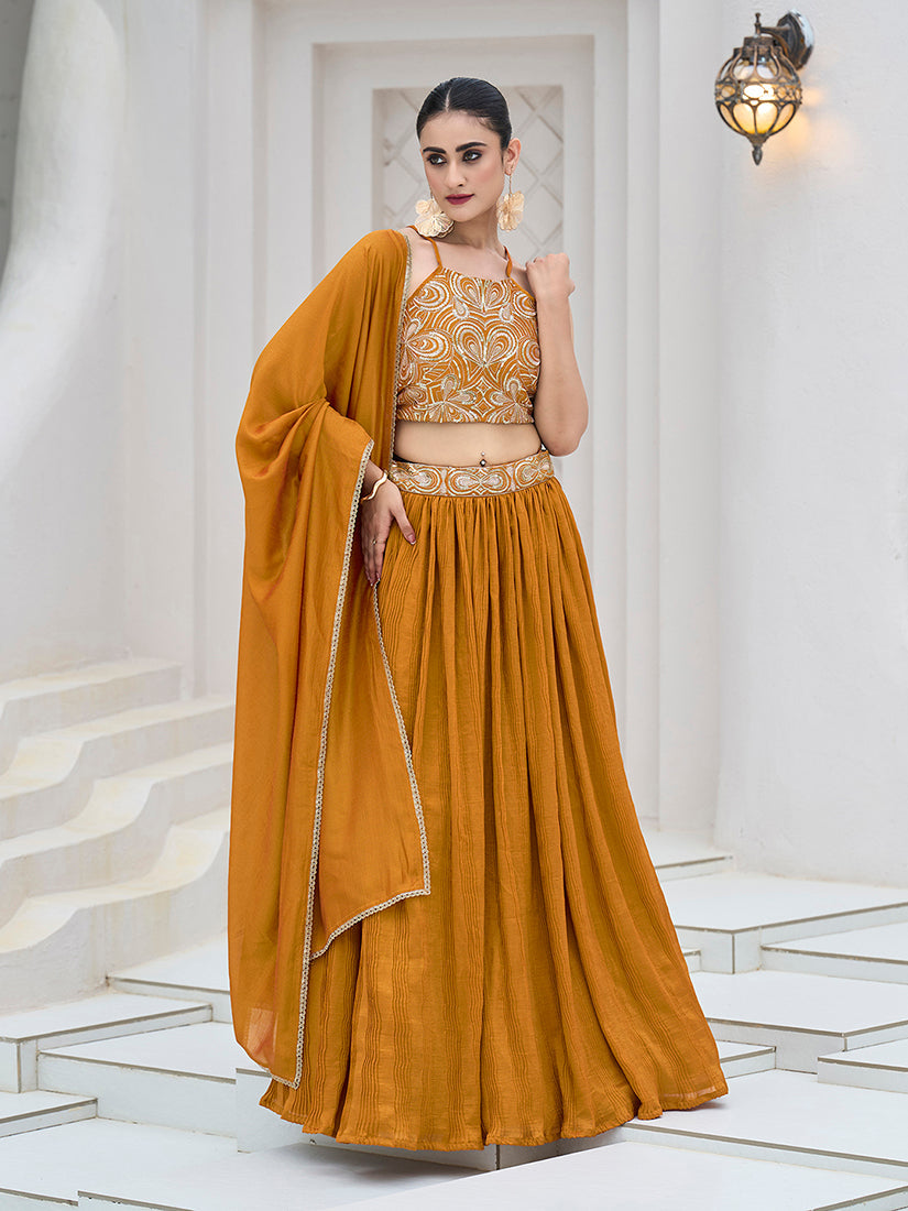 Monjolika Fashion Mustard Festive Look With Silk Crush Lehenga Choli