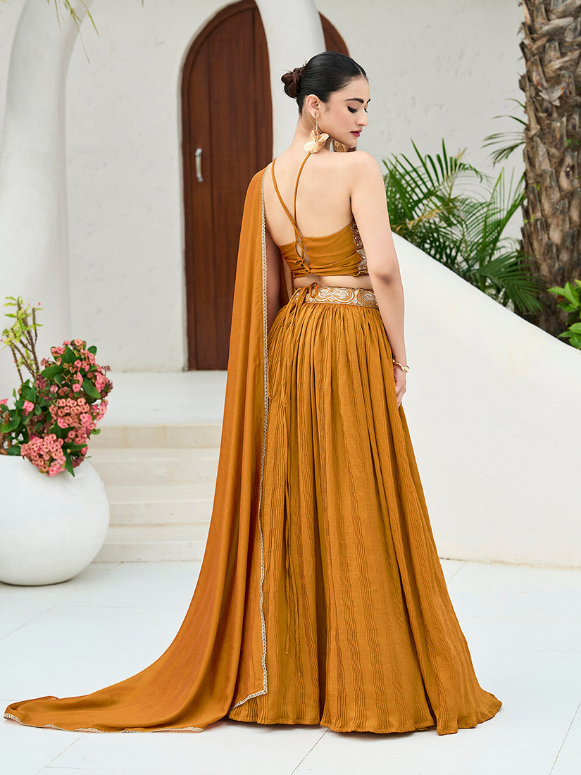 Monjolika Fashion Mustard Festive Look With Silk Crush Lehenga Choli
