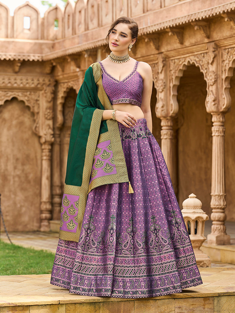 Purple Kanjivaram Silk lehenga choli with intricate gold zari woven details