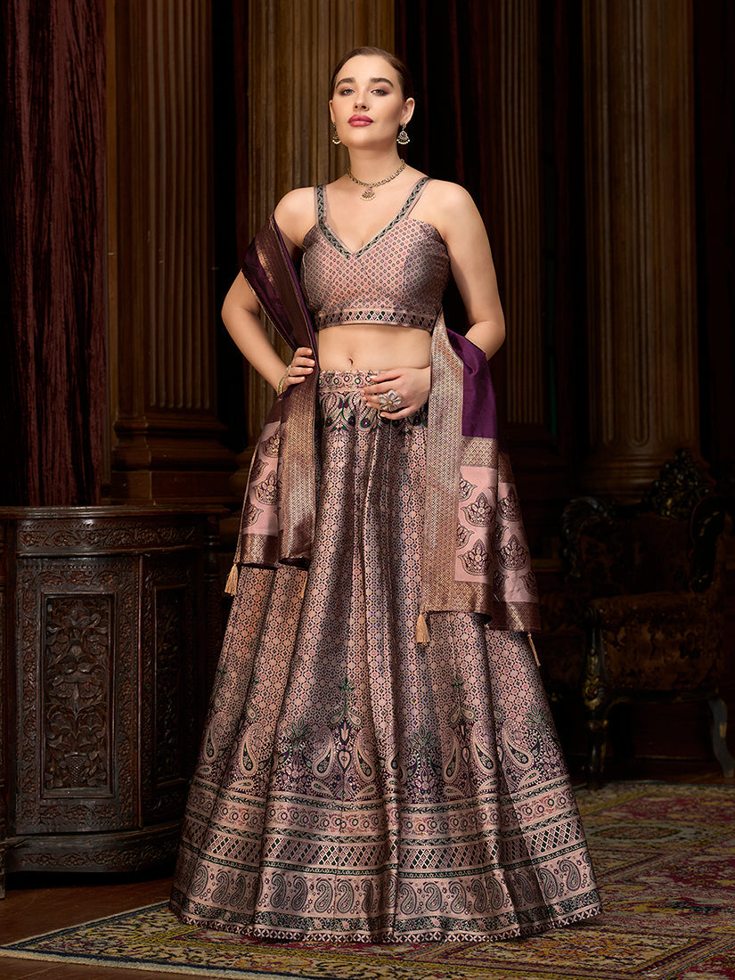 Rose Pink Kanjivaram Silk lehenga choli with jacquard weaving and zari details