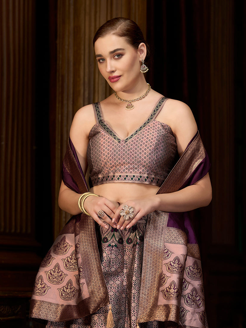 Rose Pink Kanjivaram Silk Jacquard Woven Lehenga Choli