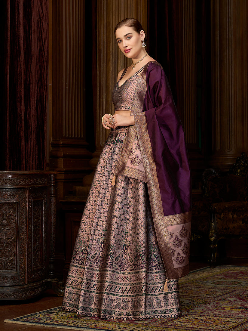 Rose Pink Kanjivaram Silk Jacquard Woven Lehenga Choli