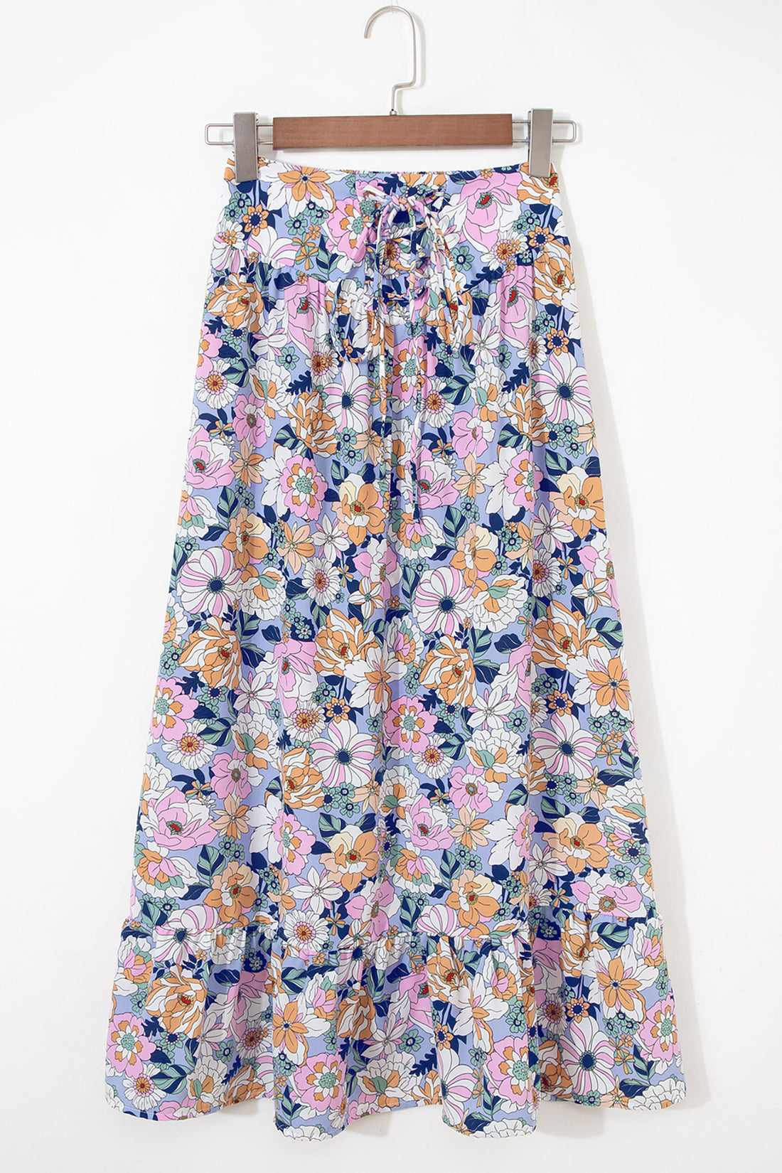 Floral Lace Up High Waist Ruffle Maxi Skirt