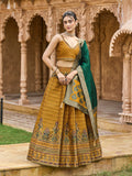 Yellow Kanjivaram silk lehenga choli with zari work and jacquard weave