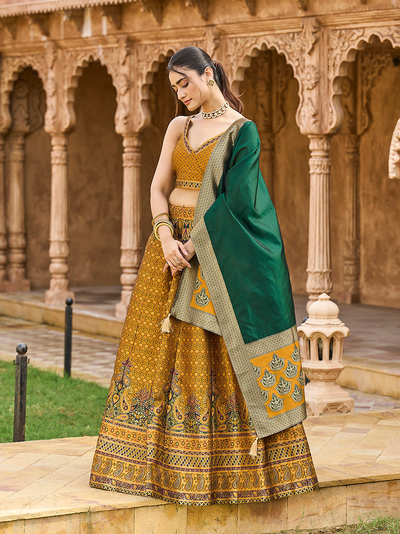 Monjolika Fashion Yellow Kanjivaram Silk Jacquard Woven Trendy Lehenga Choli