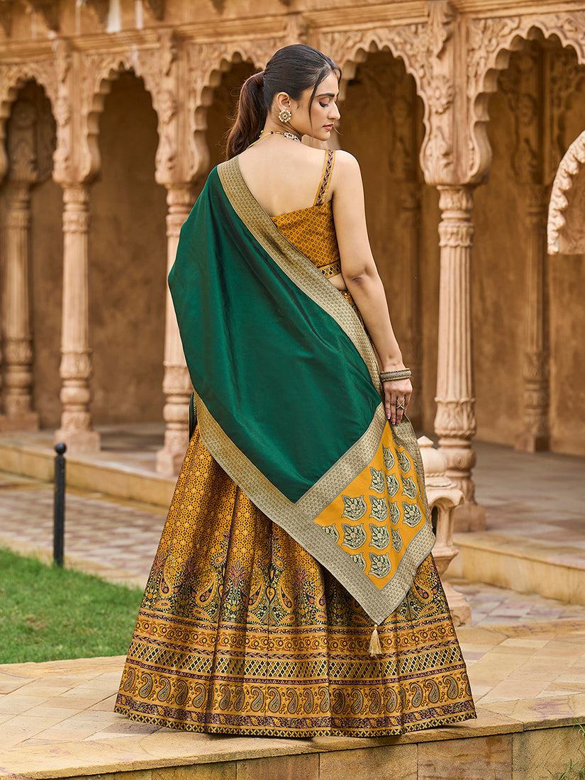 Monjolika Fashion Yellow Kanjivaram Silk Jacquard Woven Trendy Lehenga Choli