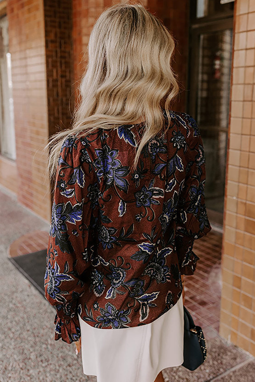Brown Autumn Floral Print Smocked Cuffs Shift Blouse
