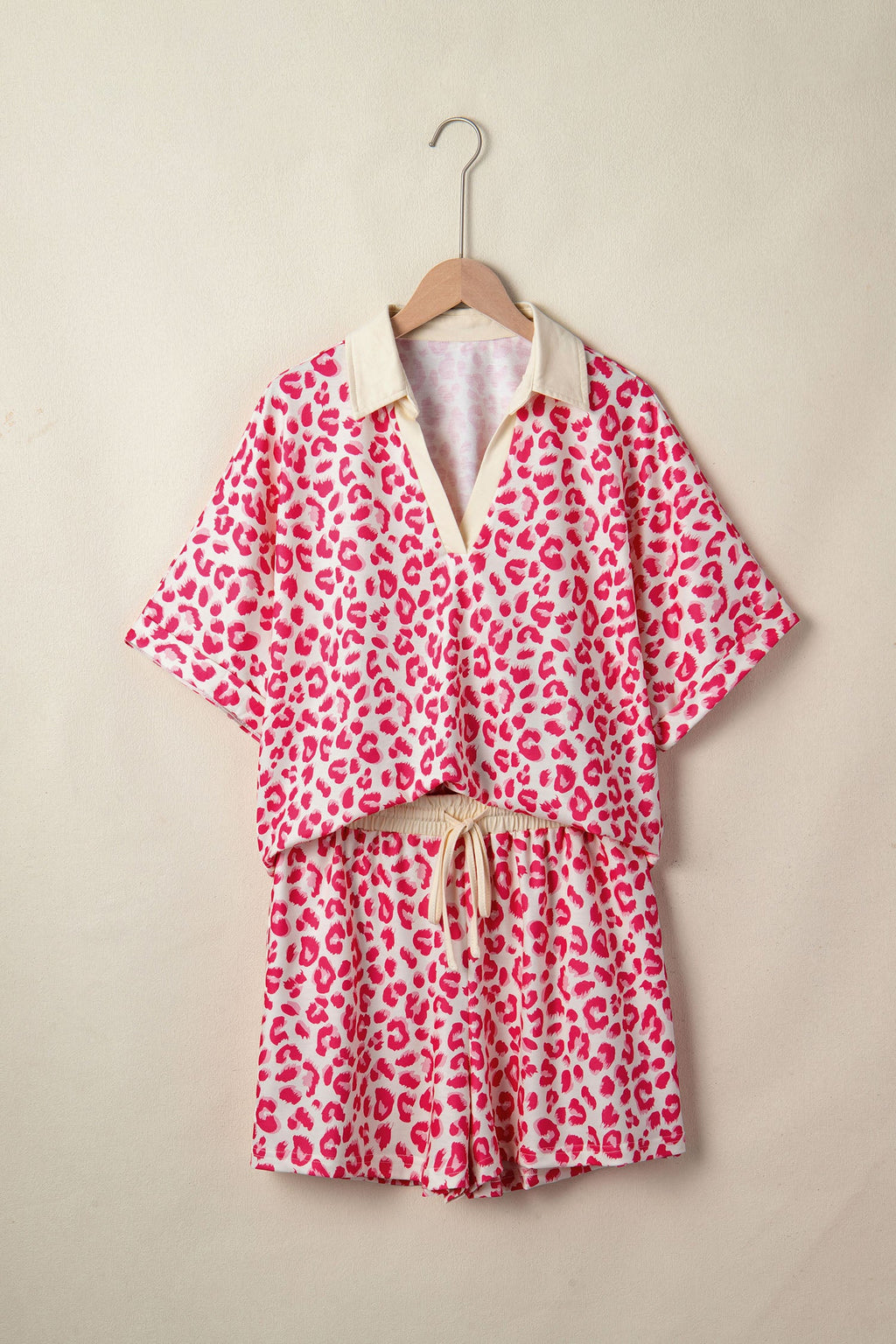Pink Leopard Print V-Neck Collared Top and Shorts Set - Image 2