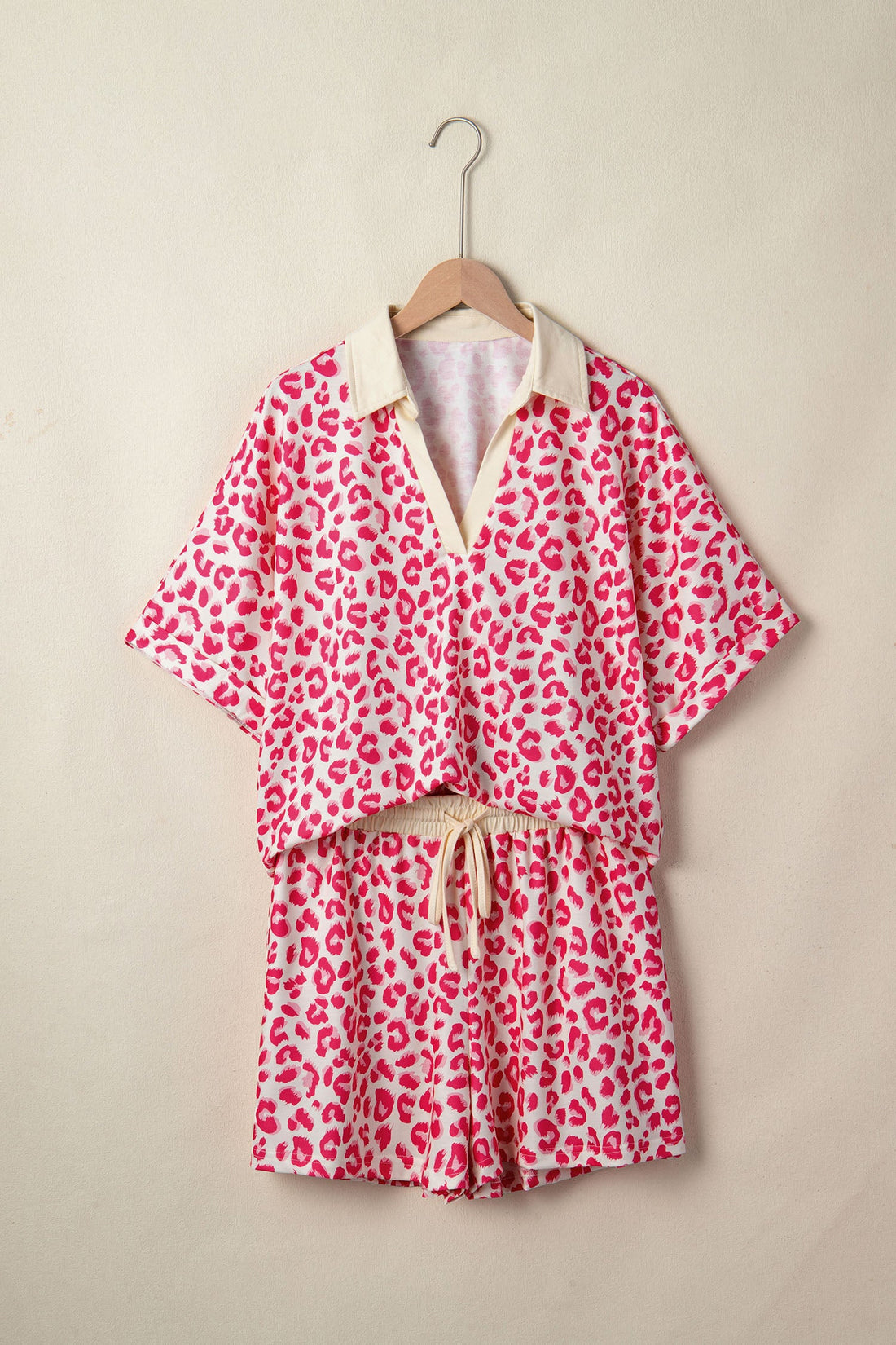 Pink Leopard Print V-Neck Collared Top and Shorts Set - Image 2