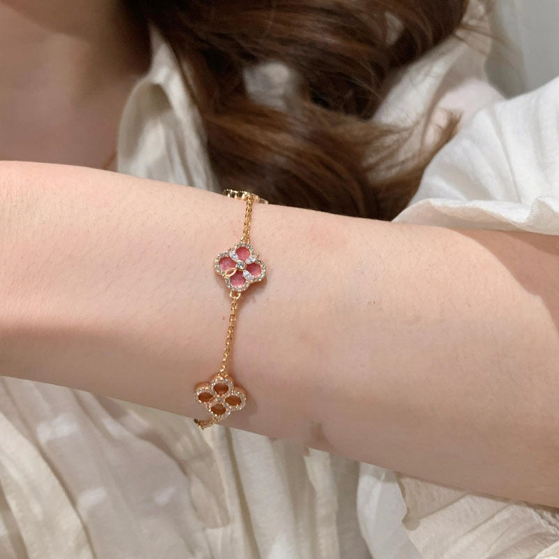 Pink Four Leaf Clover Necklace, Bracelet and Earring Set