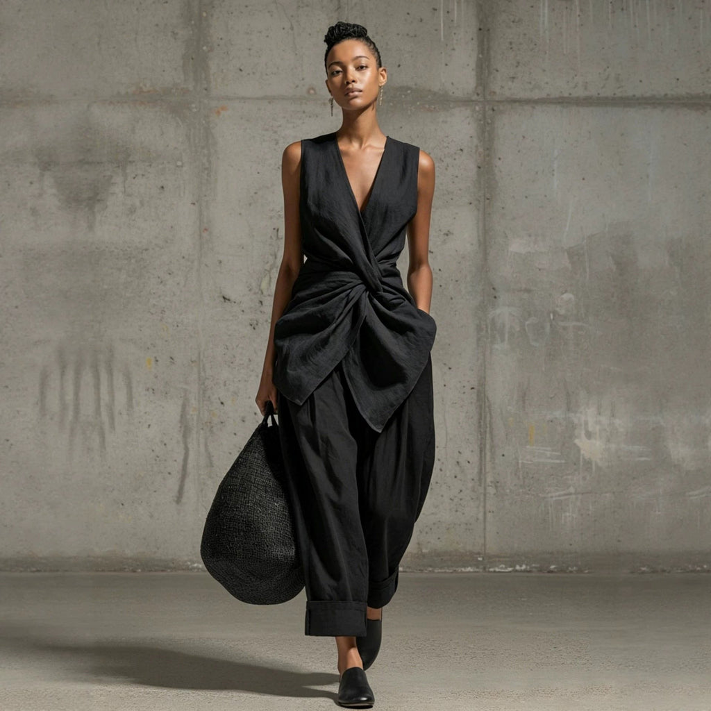 Women's Tie-Front V-Neck Sleeveless Top and Wide-Leg Pants Set - Image 5