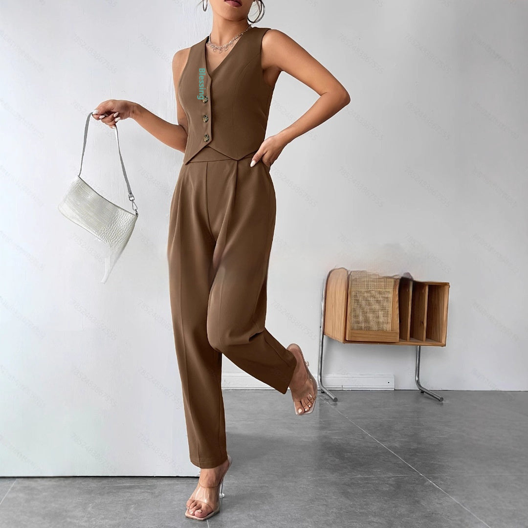 Women’s Coffee Sleeveless Vest and Trouser Jumpsuit Set - Image 4