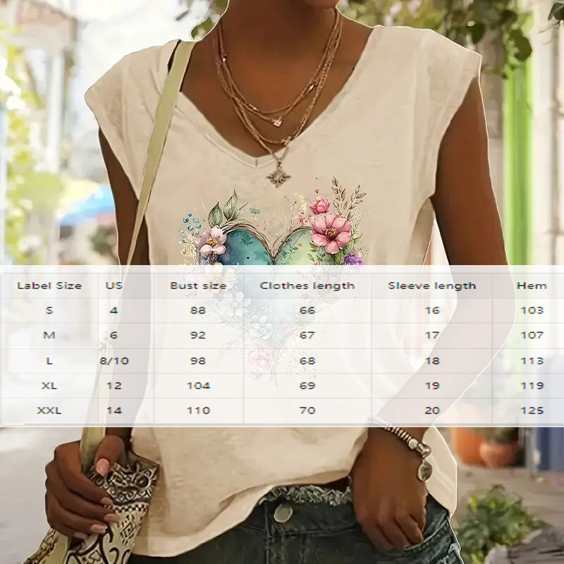 Women's Floral Heart Print V-Neck Short Sleeve Summer T-Shirt - Image 2