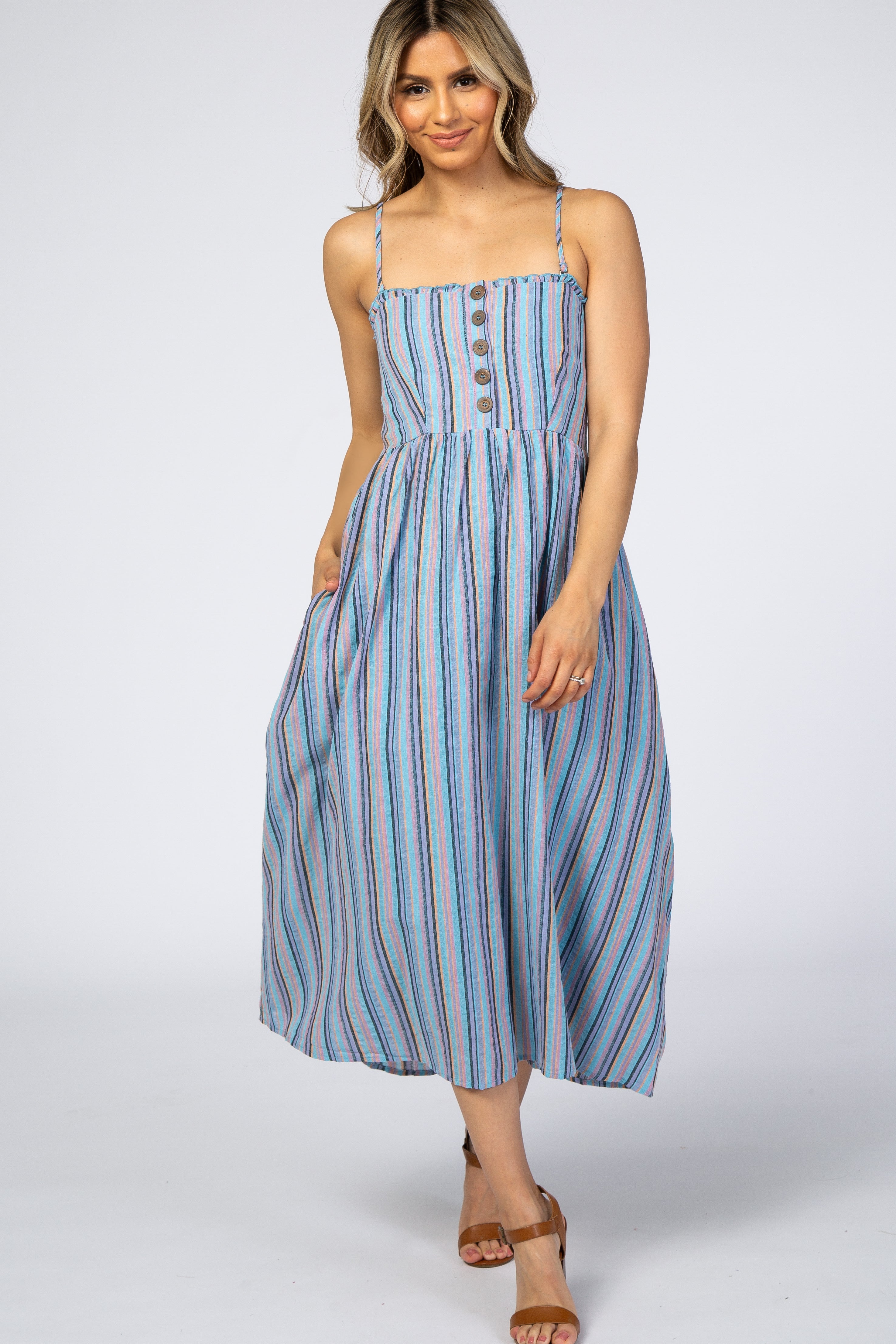 Blue Purple Striped Button Front Maternity Midi Dress