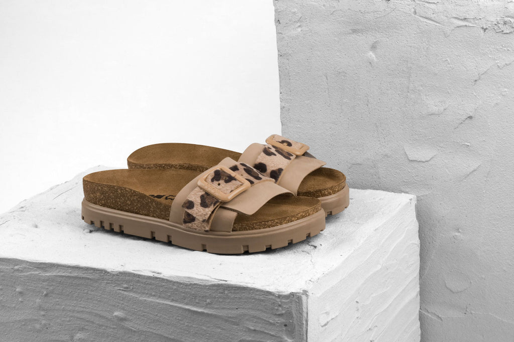Women’s Leopard Print Leather Slide Sandal with Cork Footbed - Image 4