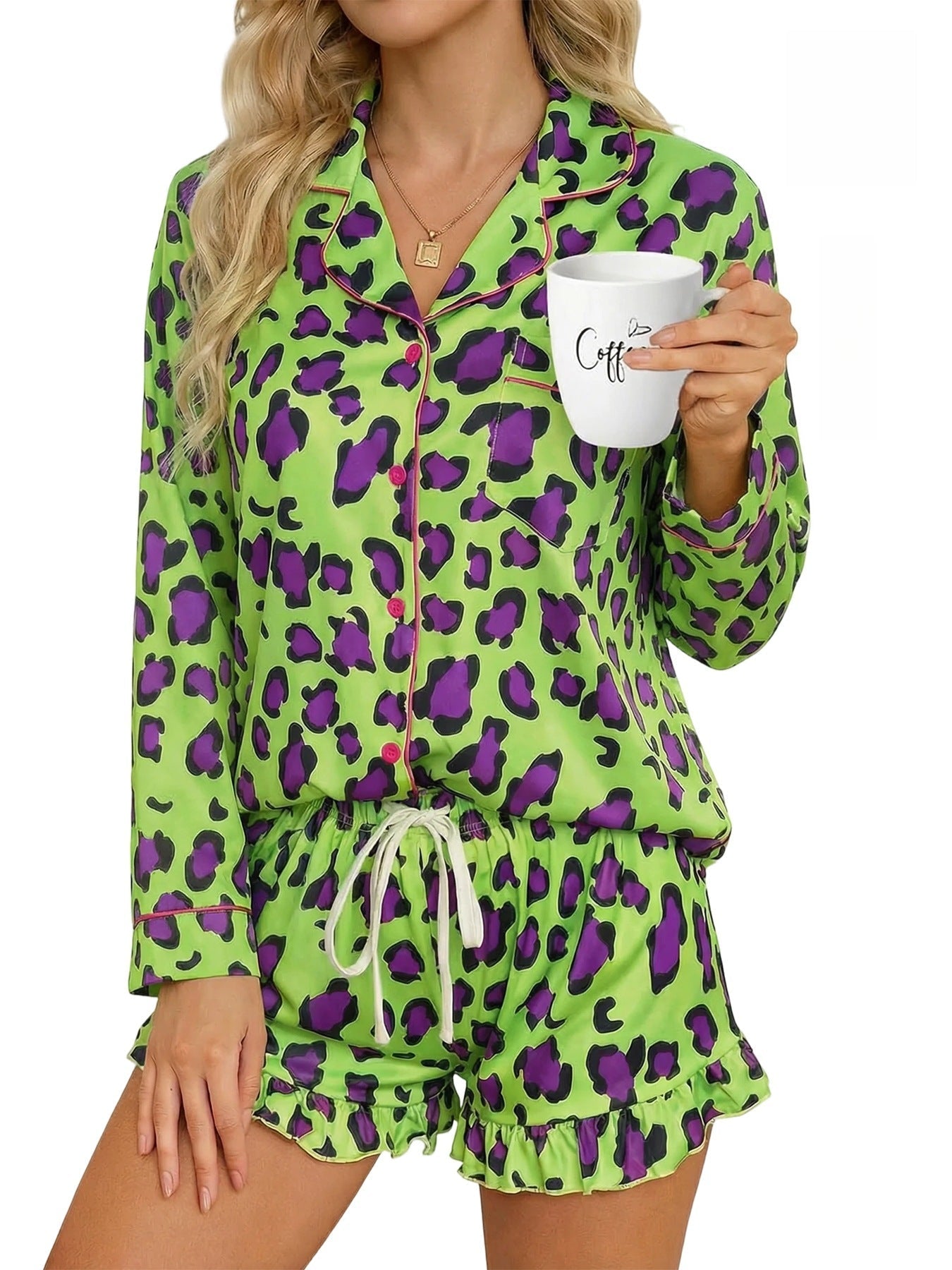 Women's Leopard Print Milk Silk Pajama Set with Ruffled Shorts - Image 6
