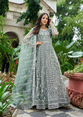 Sea Green Embroidered Net Anarkali Gown with Matching Dupatta