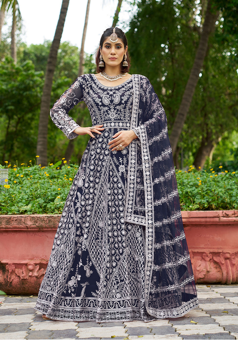 Elegant navy blue net Anarkali gown with intricate embroidery for women