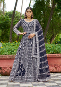 Elegant navy blue net Anarkali gown with intricate embroidery for women