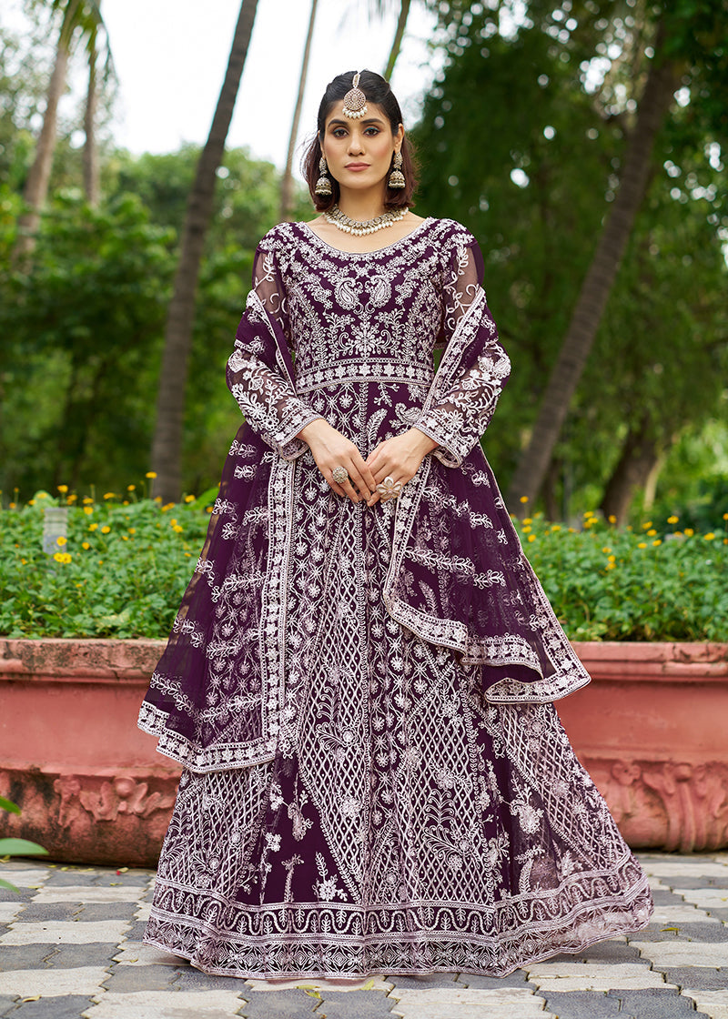 Dark Purple Embroidered Net Anarkali Gown for Formal Occasions