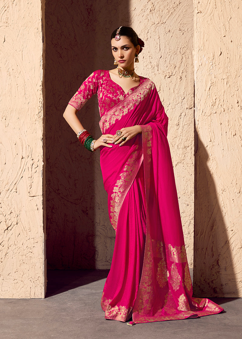 Rani pink crepe georgette saree with elegant zari weaving